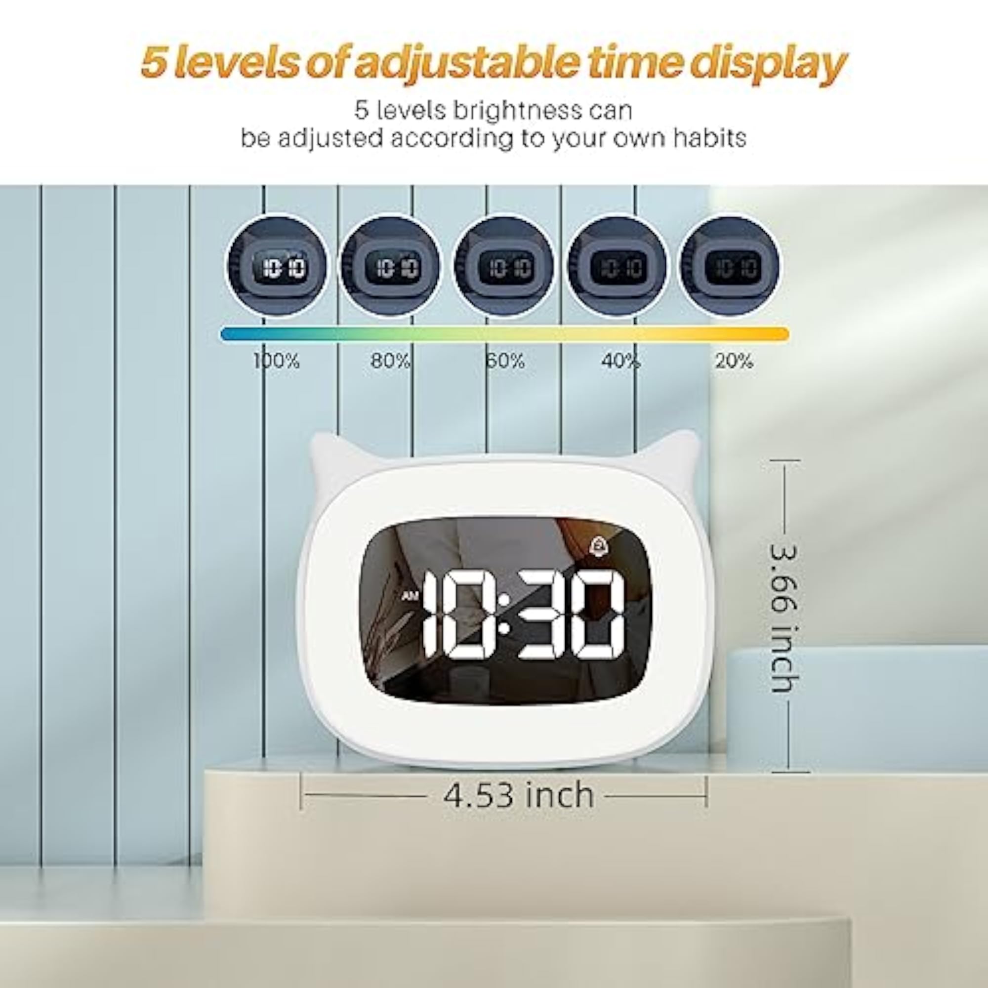 Kids Alarm Clock with Night Light, Cute Cat Ear Digital Clock